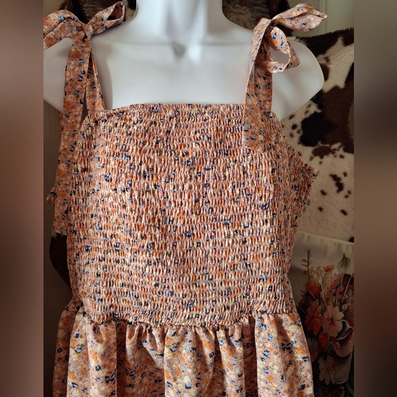Floral Smocked Tank Top with Tie Straps - Picture 2 of 5